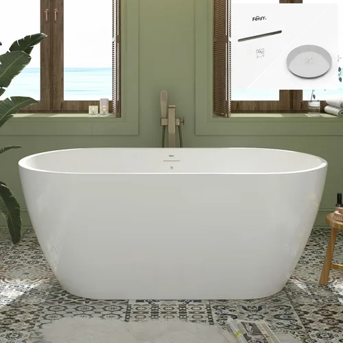 Miniatura 24 de FerdY 59" Bañera de acrílico independiente Bali Elite, bañera independiente de inmersión con forma elegante, certificada cUPC, desagüe negro Toe-Tap