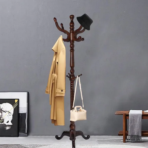 Miniatura 10 de Percheros de pie con 14 ganchos, perchero de madera natural con base redonda sólida, percheros de altura ajustable, fácil montaje para pasillo