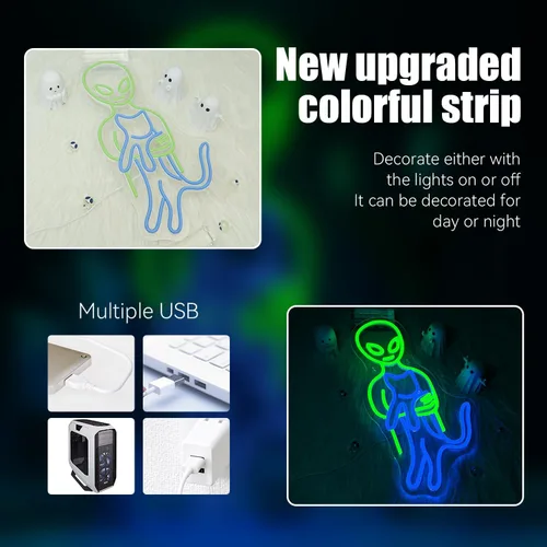 Miniatura 7 de Ineonlife Letreros de neón de alienígena verde, divertidos letreros de neón de gato alienígena para cueva de hombres, luz LED, decoración de arte