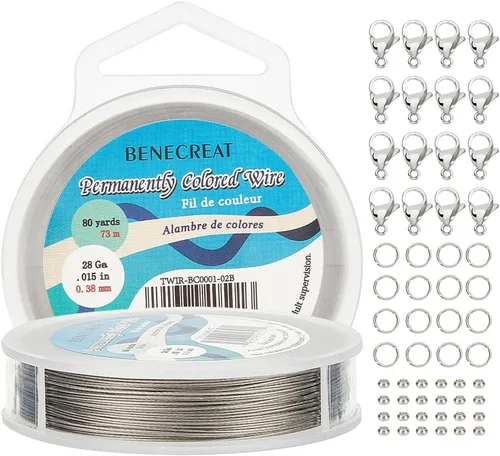 BENECREAT Alambre de 7 hebras de acero inoxidable de 240 pies de 0.015 pulgadas/0.015 in con 200 anillos de salto, 50 cuentas de engarce y 30