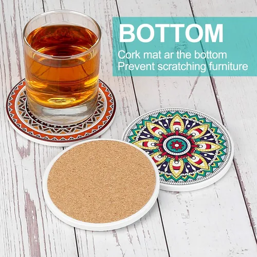 Miniatura 6 de Juego de 8 posavasos absorbentes de piedra para mesa de madera, mandala de cerámica con base de corcho, regalo para inauguración de la casa