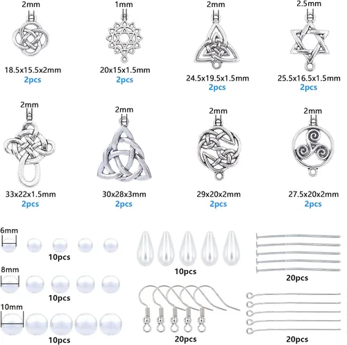 Miniatura 2 de SUNNYCLUE 1 caja de 8 pares de aretes de nudo celta de plata antigua, aretes colgantes de perlas, kit de inicio de fabricación de joyas