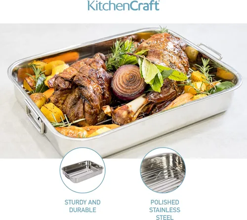 Miniatura 5 de KitchenCraft Recipiente para asar con estante, acero inoxidable, grande, 16.9 x 12.2 in, color plateado