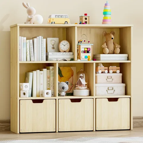EXPERLAM Organizador de almacenamiento de juguetes de madera de pino macizo, estantería para niños y organizador de juguetes con 3 cajones rodantes,