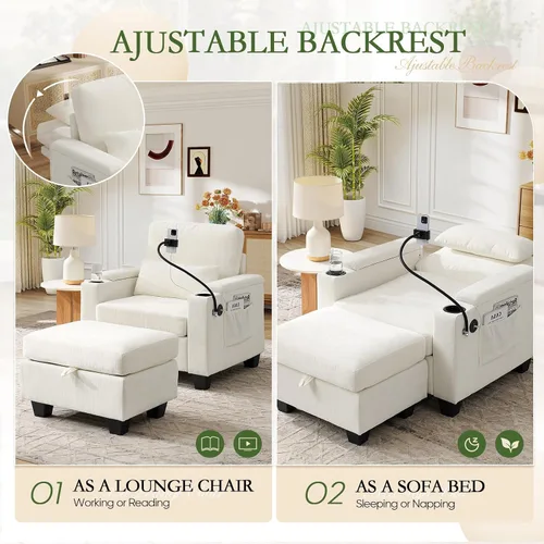 Miniatura 5 de Chaise Lounge Chair para interiores con puerto USB y soporte para teléfono, sillón reclinable pequeño de felpilla con otomana de almacenamiento