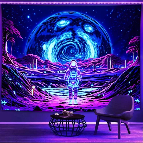 Miniatura 6 de Tapiz de luz negra de astronauta para hombres, póster de alienígena con luz negra para adolescentes y niños, divertido tapiz de pared de galaxia