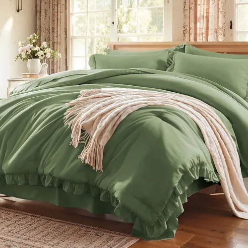 Miniatura 26 de Anluoer - Juego de cama individual con edredón de 5 piezas, rosa en una bolsa con sábanas, juego de ropa de cama de todos los días con volantes