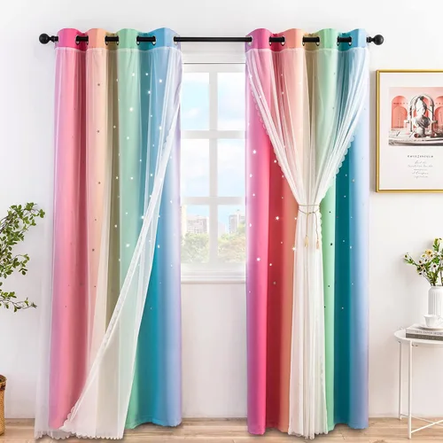 Miniatura 10 de Stiio Cortinas con Recortes de Estrella para Dormitorio de Niñas, 2 Paneles, Cortinas Opacas 2 en 1 que Bloquean la Luz con Cortinas de Ventana Azul