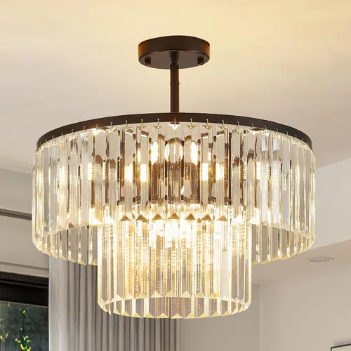 Miniatura 12 de Moderna lámpara de techo de cristal semiempotrada negra de 12" para comedor, candelabro pequeño de lujo glamoroso de 2 luces para dormitorio