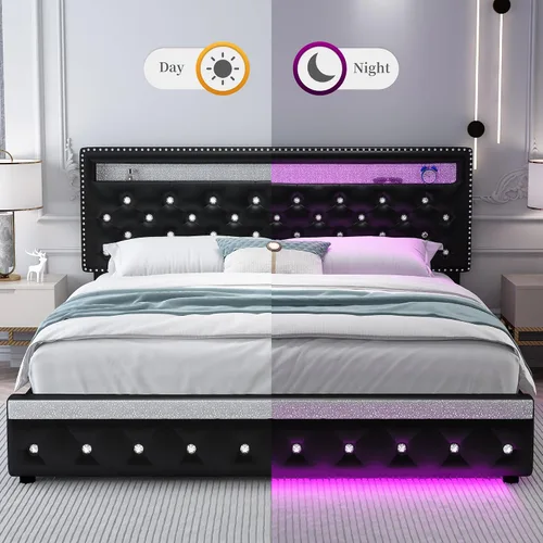 Miniatura 3 de SIBEDS Base de cama completa con LED y 2 cajones, marco de cama de plataforma de metal resistente de tamaño completo con cabecera ajustable