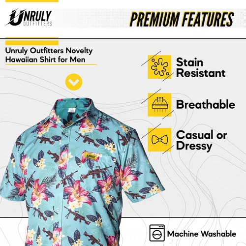 Miniatura 2 de Camisa hawaiana para hombre, color verde, M249, camisas con botones para hombre, divertidas camisas de armas de flores con pistolas