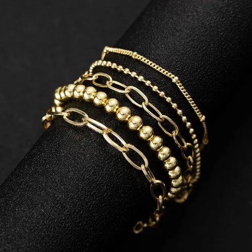 Miniatura 5 de KesaPlan Juego de pulseras de oro para mujer, ajustables, chapadas en oro de 14 quilates, con cuentas delicadas, juego de pulseras de eslabones