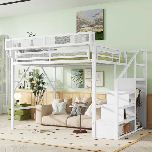 Miniatura 16 de KEIKI Base de cama de metal tamaño individual con escalera convertible, estantes de almacenamiento integrados y armario, cama alta con listones