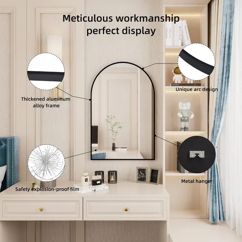 Miniatura 3 de FLYMUHJIA Espejo de tocador arqueado montado en la pared, cuerpo completo, maquillaje, baño, dormitorio, sala de estar, espejos de seguridad, marco