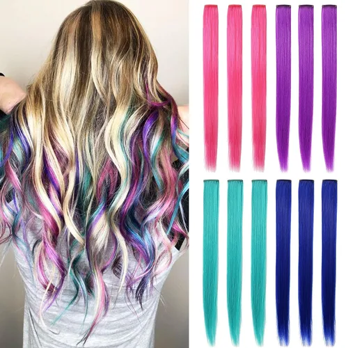 Miniatura 2 de 12 extensiones de cabello de colores rectas de 20 pulgadas, extensiones de cabello sintético con clip, color arcoíris, con reflejos, para fiesta