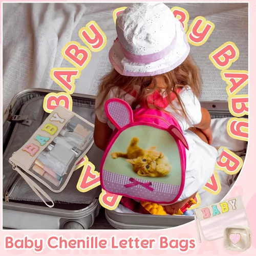 Miniatura 6 de Hillban Juego de 2 bolsas de bebé de chenilla, bolsas de letras de chenilla, bolsa de maquillaje, bolsa de viaje para bebé, impermeable, portátil