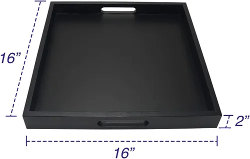 Miniatura 2 de Bandeja cuadrada de madera con asa, otomana decorativa para el hogar, 16 x 16 pulgadas, color negro