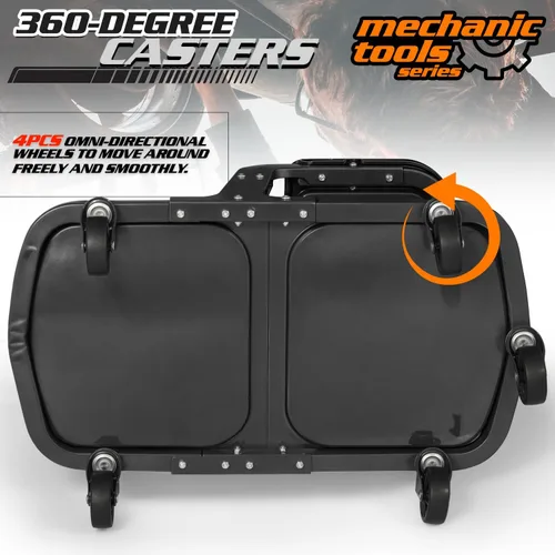 Miniatura 8 de M-AUTO Asiento de rodillo para garaje, taburete de taller mecánico resistente con bandeja para herramientas y estante para equipos, asiento