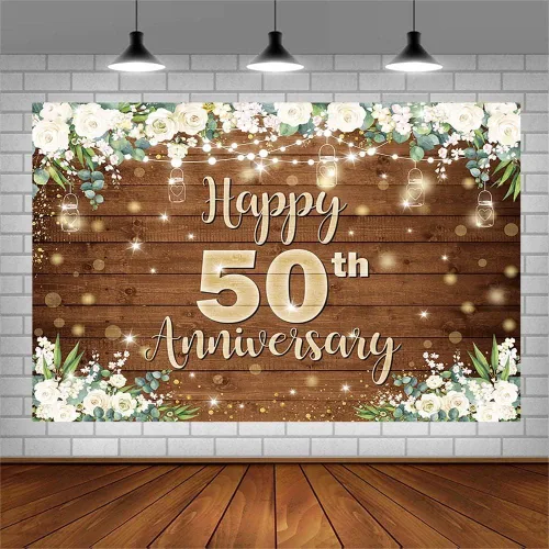 Miniatura 3 de AIBIIN Telón de fondo de feliz aniversario de 7 x 5 pies para parejas que saludan a 50 años, decoración de fiesta de cumpleaños, flores blancas