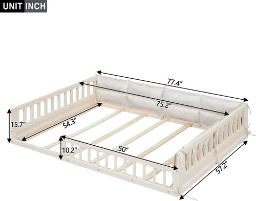 Miniatura 2 de Cama de plataforma de tamaño matrimonial con valla, plataforma tapizada de madera con barandilla y almohada, color beige