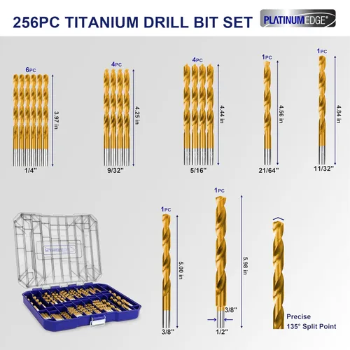 Miniatura 4 de Juego de brocas de titanio de 256 piezas, acero de alta velocidad con punta anticaminar de 135 °, tamaño de 1/16 pulgadas hasta 1/2 pulgadas, ideal