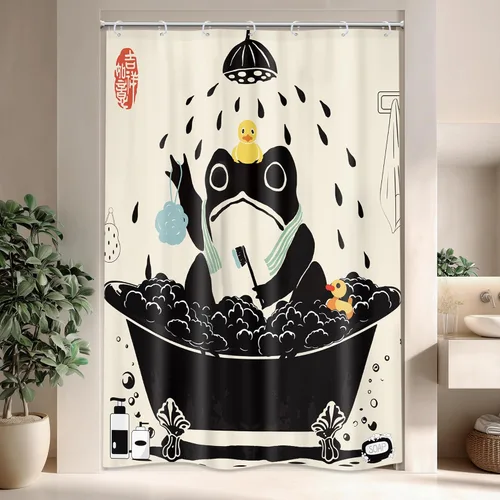 Cortina de Ducha Divertida de Rana Juego de Baño 48 Pulgadas de Ancho x 71 Pulgadas de Alto Lindo Animal Retro Tomando Ducha Patito de Goma Estilo