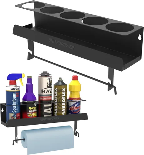 Miniatura 9 de UNITEDPOWER Soporte para 5 latas de aerosol, estante de almacenamiento de botellas de pintura, estante de montaje en pared de acero, organizador