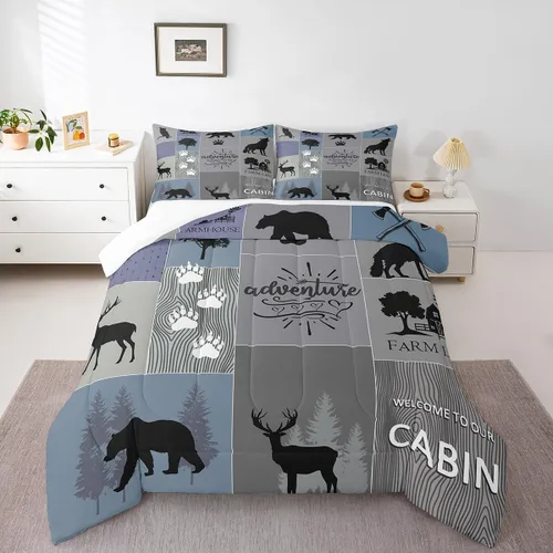 Miniatura 45 de Manfei Rutic Farmhouse - Juego de edredón tamaño King, juego de ropa de cama de retazos de madera a cuadros de ciervo, oso, árbol, 3 piezas