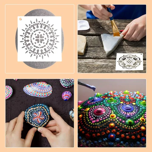 Miniatura 5 de Paquete de 56 plantillas (3.6 x 3.6 pulgadas) para pintar, plantillas reutilizables de pintura de puntos de mandala para bricolaje murales de rock