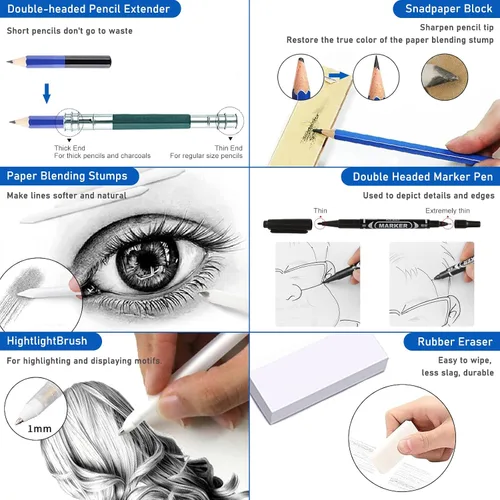 Miniatura 5 de 146 piezas de lápices de colores para dibujo y bocetos, suministros de arte incluyen lápices de carbón, coloreados, metálicos, acuarela, grafito