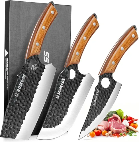 Juego de 3 cuchillos de carnicero para cortar, cuchilla japonesa para carne forjada a mano para cocinar, cuchillo de cocina de alto carbono y juego