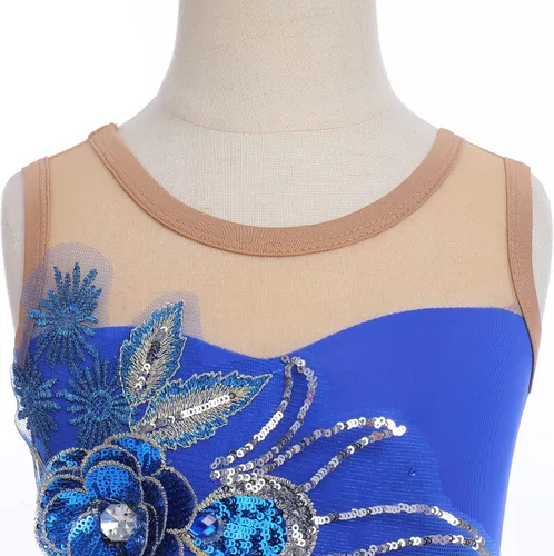 Miniatura 6 de Vestido de patinaje artístico sobre hielo para niñas, lentejuelas brillantes, malla transparente, gasa, ballet, danza, leotardo, trajes de bailarina