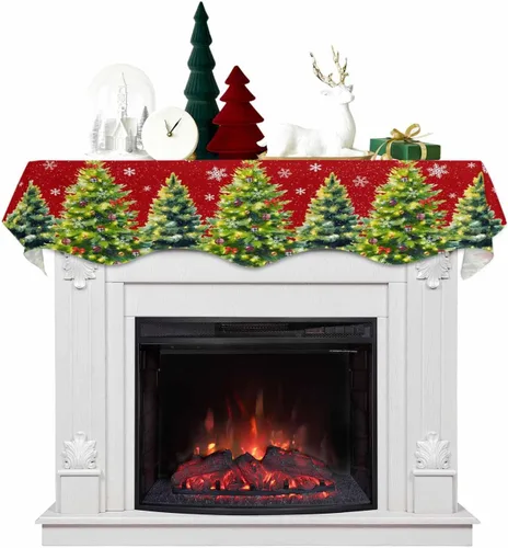 Red Christmas Fireplace Mantel Scarf Cover, Winter Pine Tree Snowflakes Xmas Mantel Shelf Top Scarf Christmas Runners for Fireplace Christmas Decor