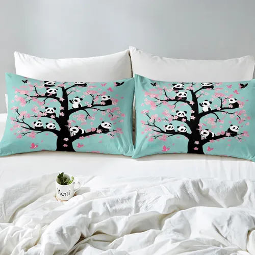 Miniatura 4 de Erosebridal Juego de sábanas de panda de dibujos animados, tamaño individual, sábanas de flores de cerezo para niñas, niños, ramas de cerezo