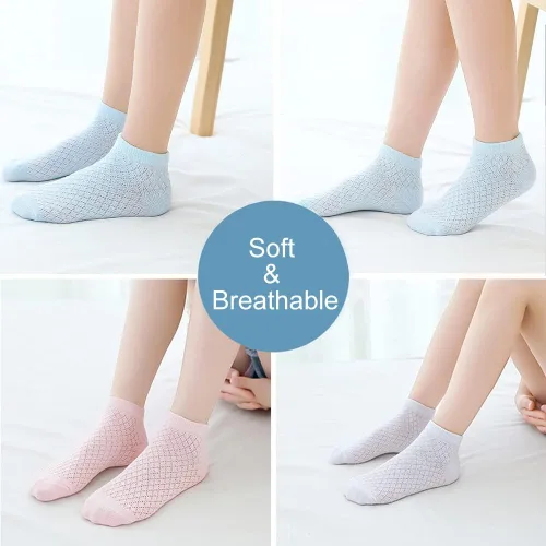 Miniatura 10 de Looching Paquete de 5 calcetines delgados de malla para bebés, niñas y niños, de algodón, color blanco, calcetines de tobillo invisibles 1-8T