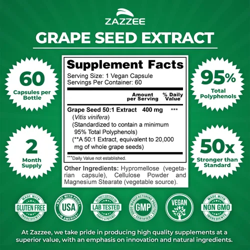 Miniatura 2 de Zazzee Alta Potencia Extracto de Semilla de Uva 50:1, 60 Cápsulas Veganas, 95% Polifenoles, 400 mg por Cápsula, Suministro para 2 Meses, Extracto