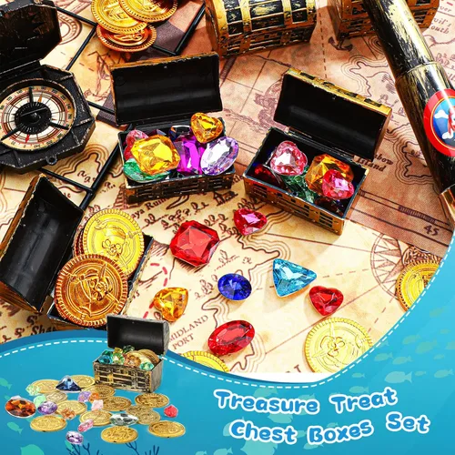 Miniatura 4 de Threan 50 mini cofres del tesoro pirata de 2.3 pulgadas de plástico con un acabado dorado, caja de joyería pirata vintage para Halloween