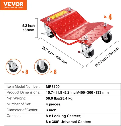 Miniatura 7 de VEVOR Plataforma con Ruedas, Capacidad de 8000 libras Movedor de Autos de Acero Resistente, Juego de Plataformas con Ruedas para Neumáticos de Auto