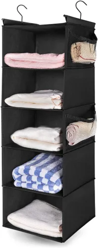 MAX Houser Organizador de armario colgante de 5 estantes, ahorro de espacio, estantes colgantes de tela con 4 bolsillos laterales, plegable, negro