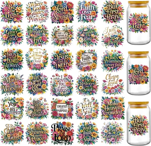 Envolturas de taza UV DTF de la Biblia - 30 hojas de pegatinas UV DTF con citas cristianas inspiradoras para botella de agua de vidrio de 16 oz,