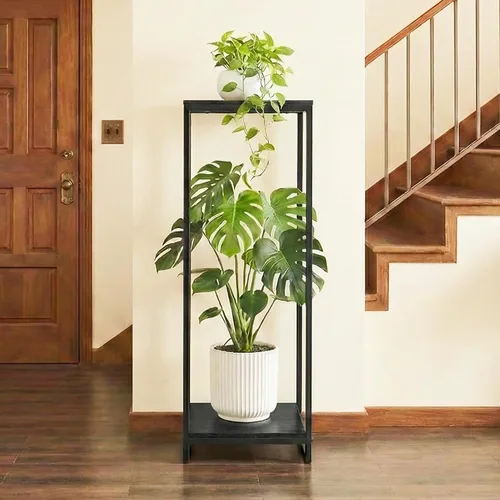 Miniatura 5 de Soporte para plantas de 34 pulgadas de alto para interiores, estante moderno de 2 niveles, organizador de macetas de esquina para sala de estar