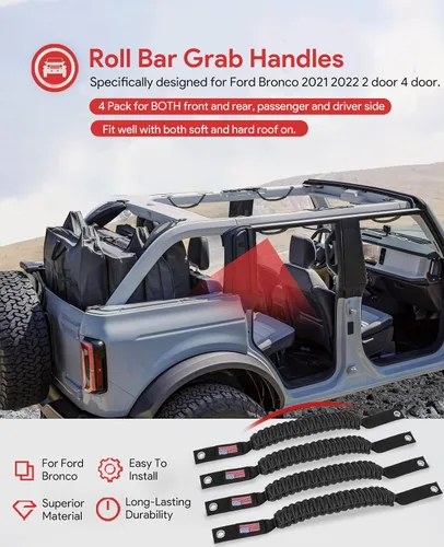 Miniatura 3 de Paquete de 4 manijas de agarre de barra antivuelco para Ford Bronco, empuñaduras de paracord para Ford Bronco 2021 2022 2023 2024 de 2 puertas / 4