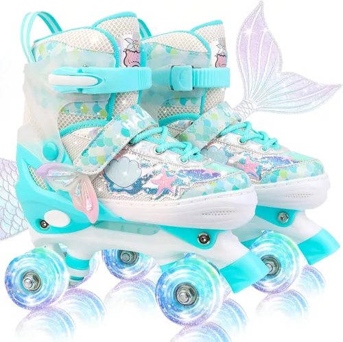 Patines de Ruedas de Sirena para Niños y Niñas, Patines Cuádruples Ajustables de 4 Tallas con 8 Ruedas que se Iluminan con Diseño de Escamas de Pez