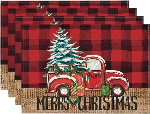 Miniatura 9 de Artoid Mode Manteles Individuales de Camión a Cuadros Buffalo Plaid Feliz Navidad Juego de 4, 12x18 Pulgadas Manteles de Mesa de Árbol de Navidad