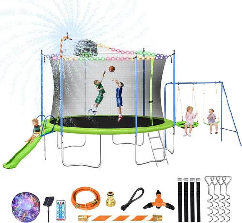 Miniatura 2 de Lyromix Trampolín de 12 pies de 14 pies con tobogán y columpios, cama elástica recreativa grande aprobada por ASTM con aro de baloncesto y escalera