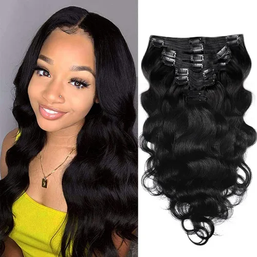 Miniatura 7 de Extensiones de cabello humano real con clip, 8 unidades, cabello humano Remy liso de seda suave natural, 4.23 oz, 20 pulgadas, negro natural #1B, 8