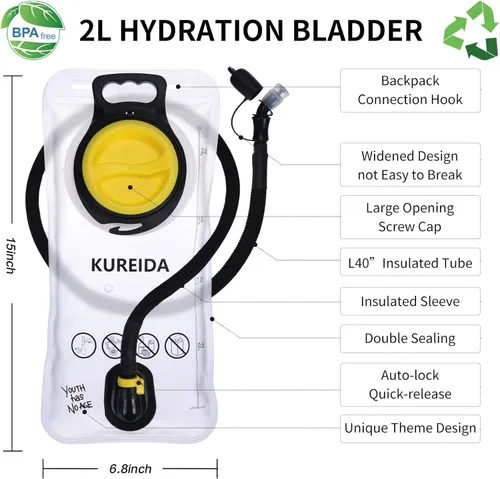 Miniatura 2 de KUREIDA Hydration Bladder 2 Liter, BPA Free Water Bladder for Hiking Backpack Water Storage Bag with Insulated Tube, Hydration Backpack Replacement