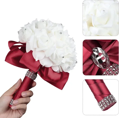 Miniatura 2 de Ramo de Boda Borgoña para Novia Dama de Honor Ramo de Lanzar Cristales Rosa de Seda Ramo Nupcial para Fiesta de Boda (Borgoña Blanco)