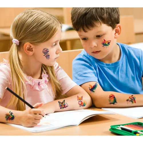 Miniatura 4 de UVUXO Tatuaje temporal de animales de acuarela para niños, 60 estilos temporales para niñas, niños, cuerpo, brazo, hombro, tatuajes, calcomanías