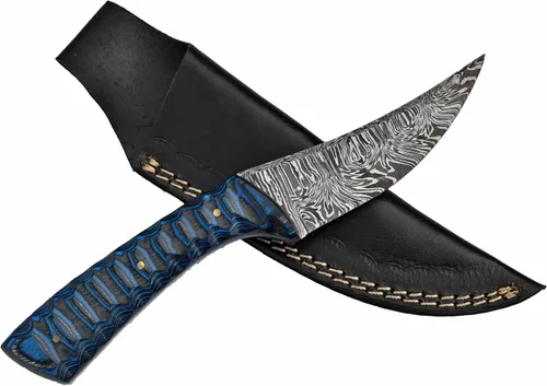 Miniatura 2 de Cuchillo de caza de hoja fija de Damasco con funda hecha a mano de espiga completa para desollar bushcraft, mango de madera Pakka azul, cuchillo